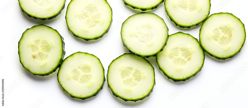 Poster fresh cucumber slices arranged randomly on a white background highlighting their green edges and lig