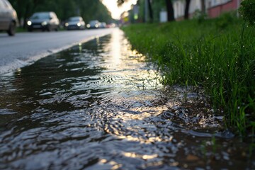Fototapeta premium Water flows in roadside ditch after rain, with cars and a city street in background