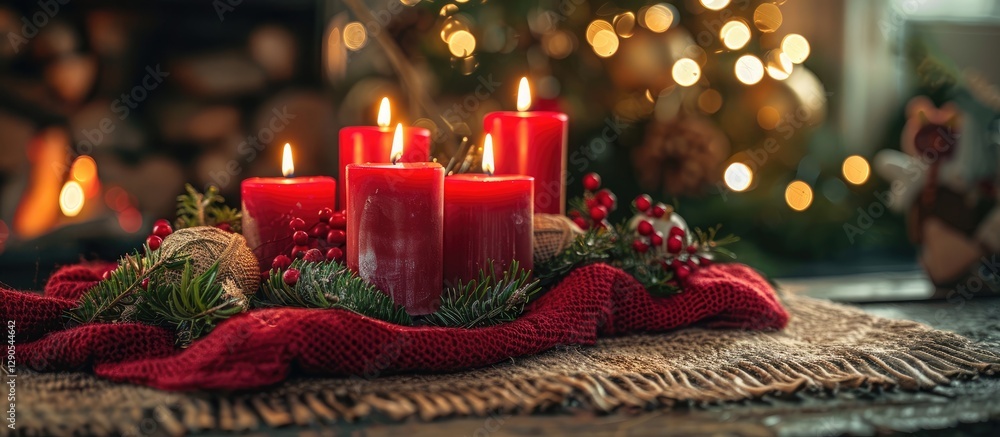Poster warm festive arrangement of five red candles with glowing flames surrounded by greenery and red berr
