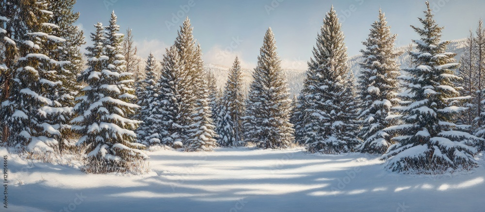 Poster serene winter landscape with snow-covered evergreen trees in foreground under clear blue sky, soft s