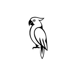 Black and white minimalist illustration of a perched parrot, offering a simplified, clean, and streamlined representation.