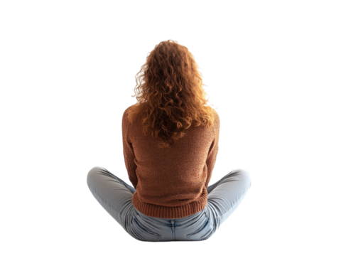 A Woman Contemplating Life  Back View of a Young Woman Sitting Cross-legged on the Floor - Powered by Adobe