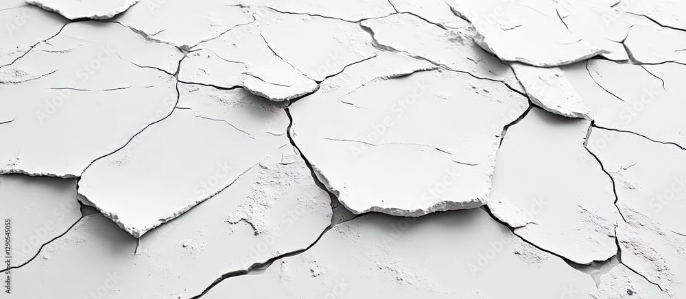 Poster cracked white surface with textured layers and deep fissures, creating an intricate pattern, ideal f