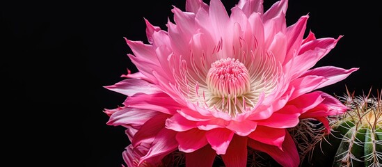 Vibrant close-up of a pink cactus flower against a stark black background, showcasing the intricate petals and central structure in sharp detail.