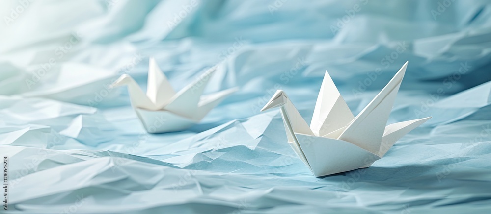 Poster white origami swans floating on a textured light blue background with subtle shadows creating a sere