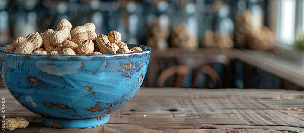 Poster close up of a vibrant blue bowl filled with peanuts on a rustic wooden table with blurred background