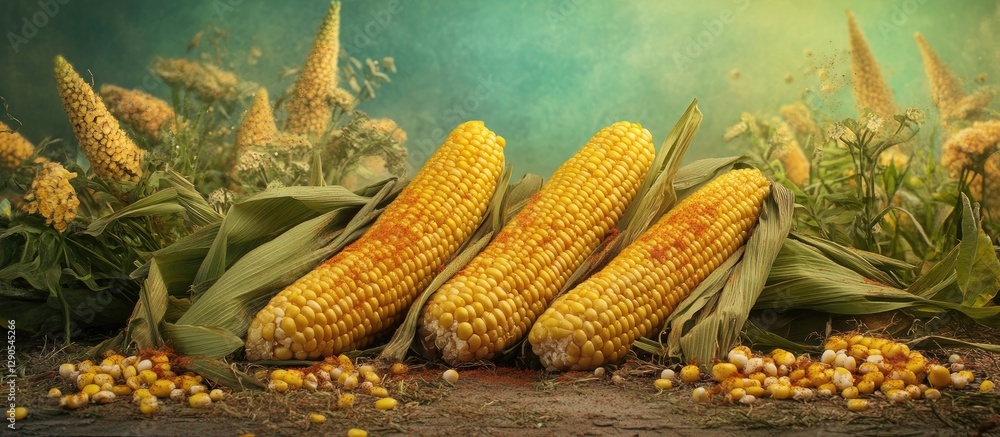 Poster freshly harvested golden corn cobs arranged in a rustic setting with green leaves and scattered kern
