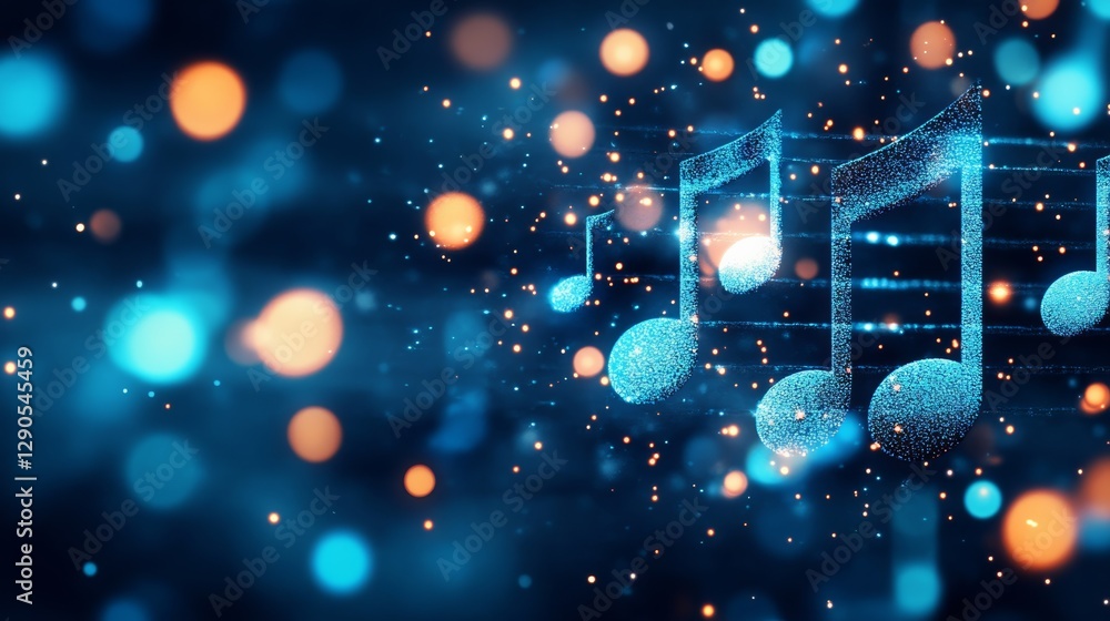 Poster colorful background with musical notes scattered throughout. the notes are arranged in a way that cr