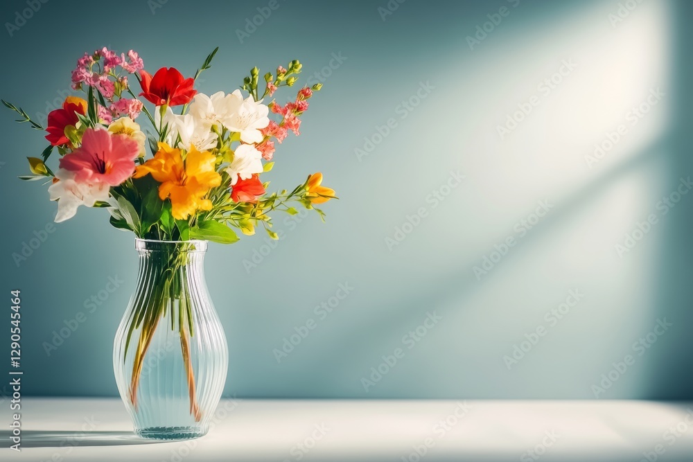 Poster vase of flowers sits on a table. the flowers are in a clear vase and are arranged in a way that make