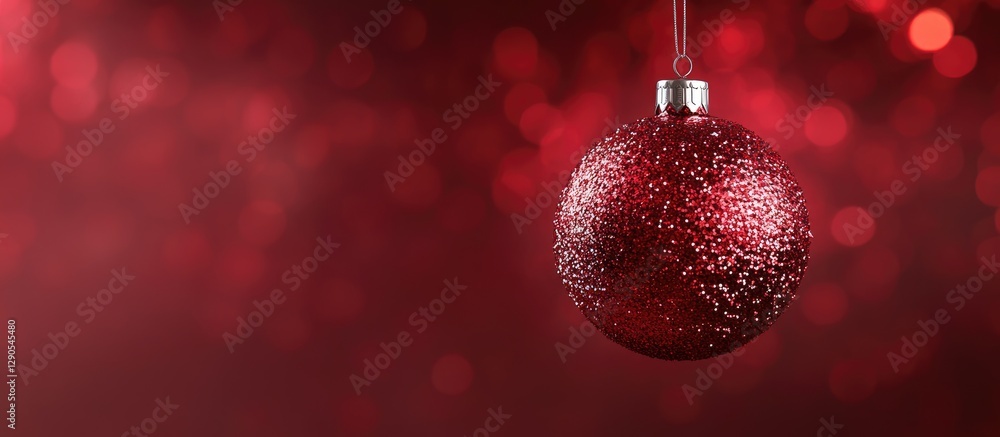 Poster closeup of a shimmering red bauble against a soft red background with bokeh effects showcasing a fes