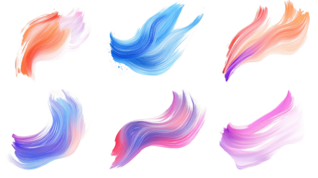 Eight vibrant brushstrokes in various colors on a transparent background, PNG