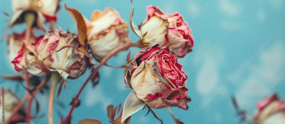 Poster dry roses in white pink and red shades arranged on the right side against a soft blue backdrop creat