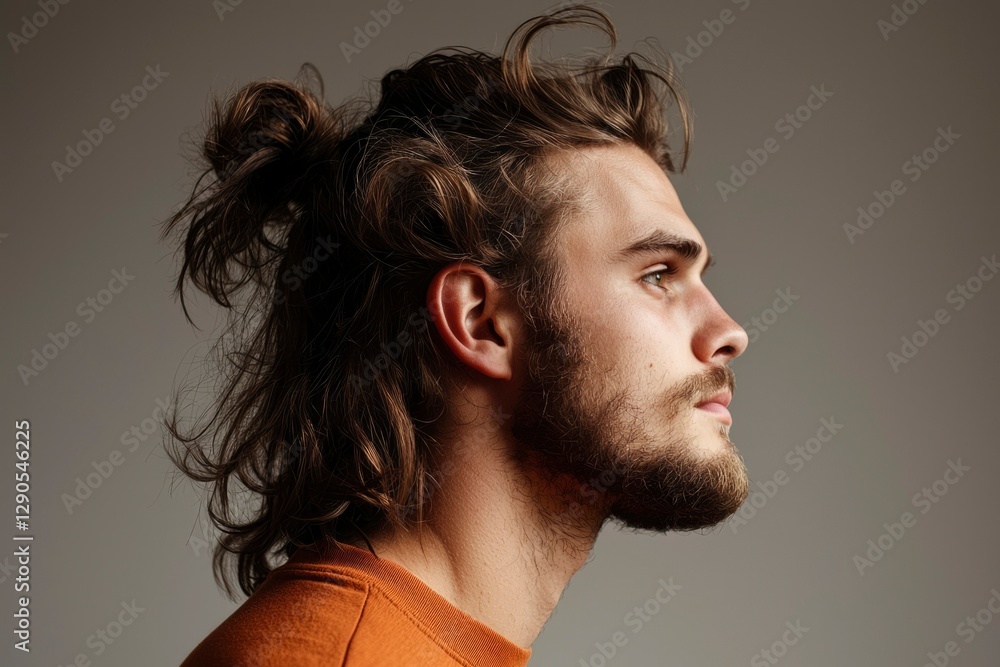 Aufkleber man with a bun side profile view with blurred background for fashion use