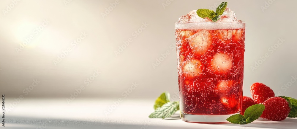 Poster refreshing sparkling raspberry drink in a clear glass with ice cubes garnished with mint leaves on a