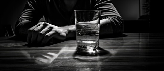 Designated driver resting hands on a table with a glass of water illuminated in a dimly lit setting creating a reflective mood