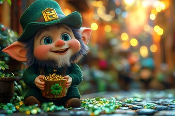  Small Leprechaun Figure Holding Pot of Gold, Surrounded by Shimmering Green Accents and Magical, Festive Background