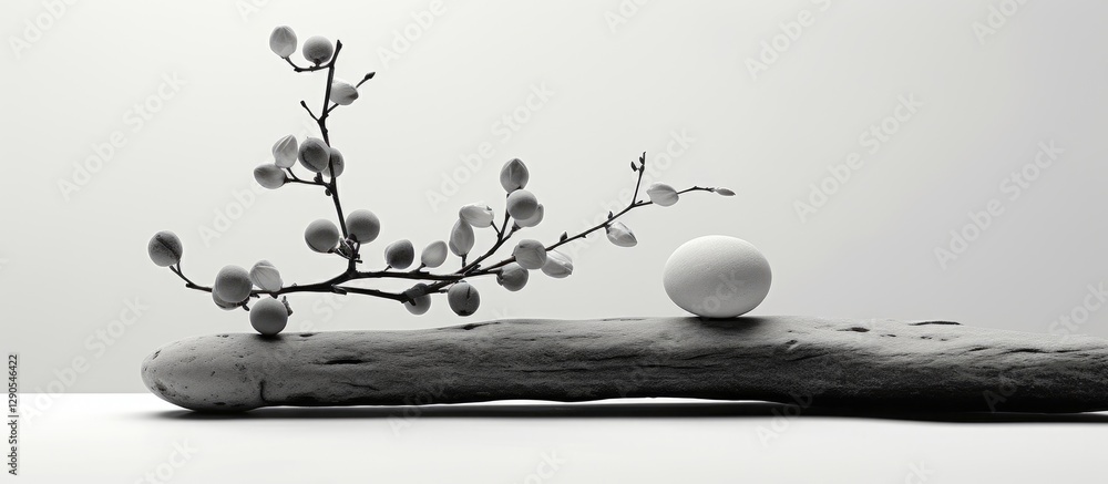 Poster minimalist still life featuring a white egg on a rustic wooden log with soft spring branches in a mo