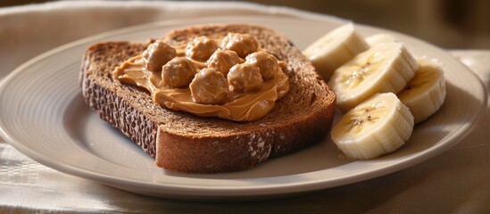 Healthy breakfast plate featuring whole grain toast topped with peanut butter and rolled oats, accompanied by fresh banana slices on a white dish.