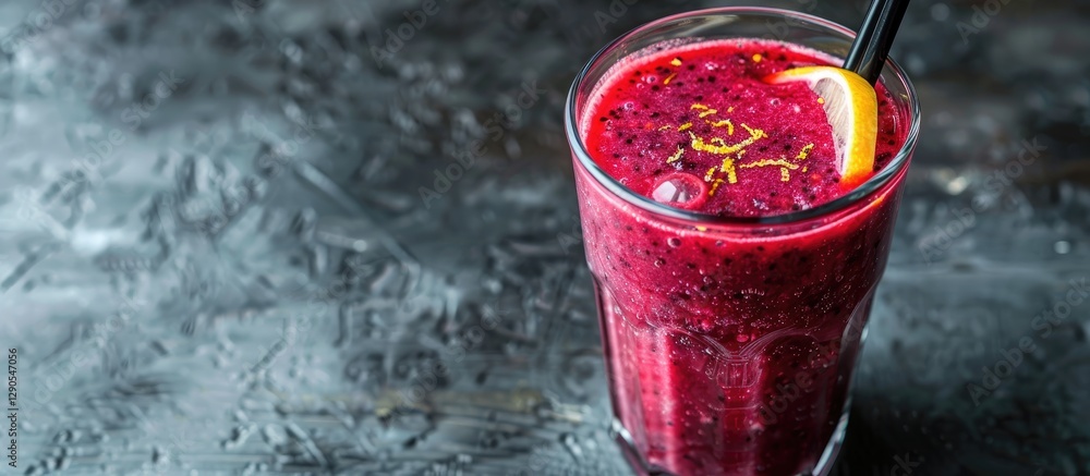 Poster refreshing acai juice with lemon zest in clear glass on grey textured table vibrant purple color wit
