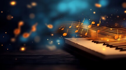 Keyboard with notes on it and a blue background. The notes are scattered and the background is blurry