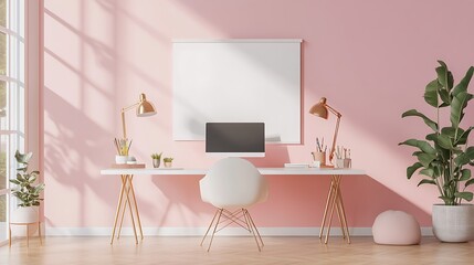 Pink Workspace Interior Design: Minimalist Home Office Setup with Golden Accents