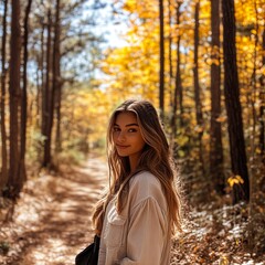 A young woman stands on a forest path surrounded by vibrant autumn trees. The sunlight filters through the leaves, creating a warm, golden ambiance. This image captures serenity and beauty. AI