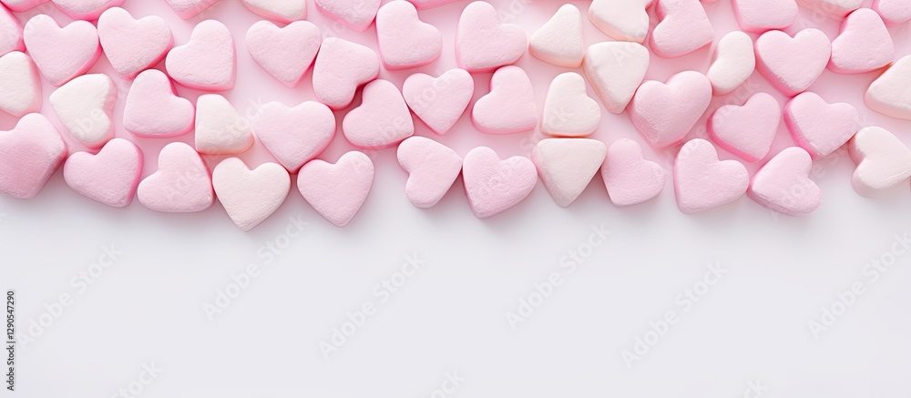 Poster pink heart-shaped marshmallows scattered across a clean white background with negative space for tex