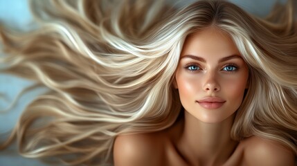 Fototapeta premium Woman with long blonde hair and blue eyes. She is smiling and looking at the camera. Concept of confidence and beauty