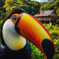 A vibrant toucan showcases its stunning plumage while standing amidst a rich green rainforest. In the background, a rustic cabin equipped with solar panels complements the natural scenery