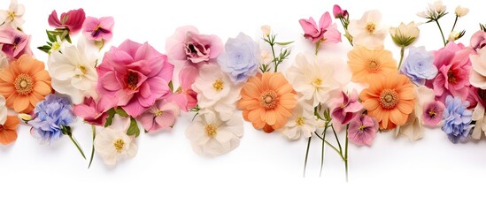 Colorful floral arrangement with pink, orange, and purple flowers on a white background, featuring a horizontal layout with green stems.
