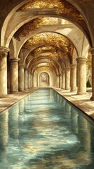 A detailed painting depicting a long pool inside a modern architectural building