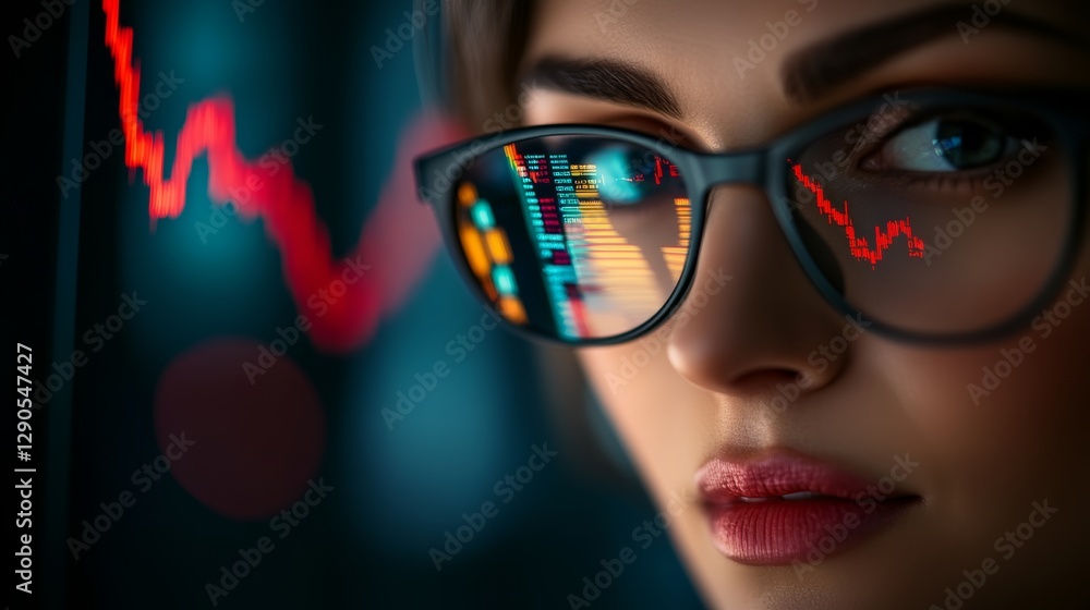 Poster woman is looking at a computer screen with a graph on it. the graph is showing a downward trend, and