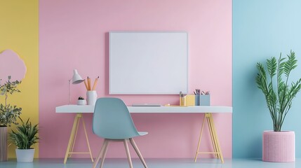 Pastel Workspace: Minimalist Home Office Design with Blank Canvas