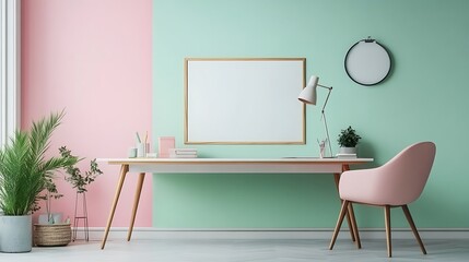 Pastel Home Office Design: Minimalist Workspace with Pink and Mint Green Walls
