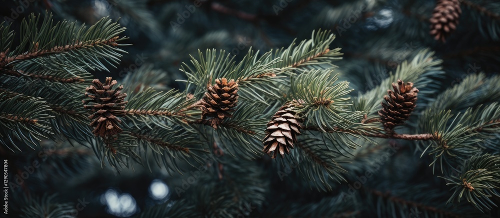 Aufkleber lush green pine tree branches with clustered brown cones illuminated softly against a dark backgroun