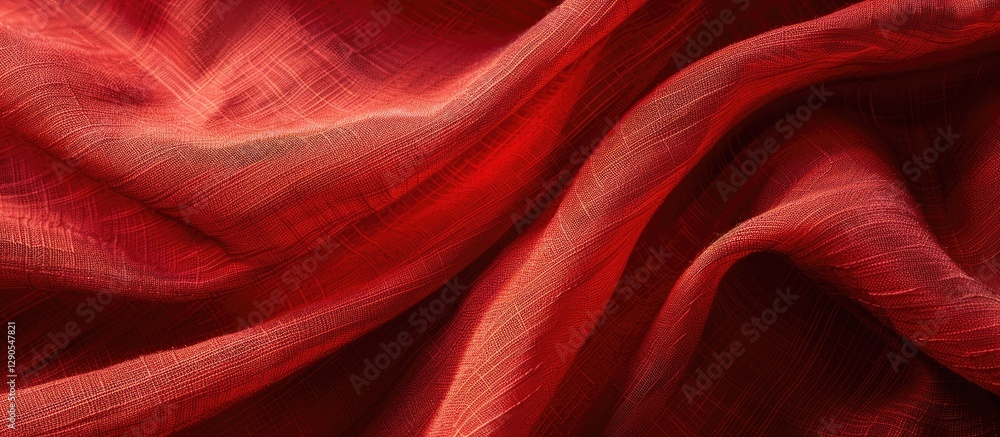 Poster close up of light red natural fabric texture with soft folds on a deep red canvas background providi