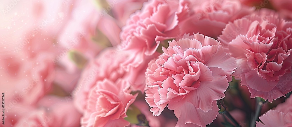 Poster close up of soft pink carnation flowers in full bloom with blurred background and ample copy space o