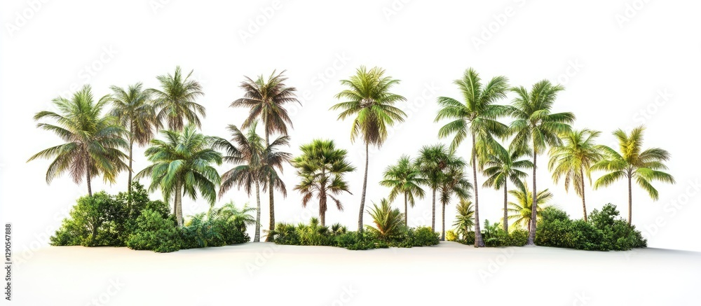 Poster isolated collection of lush tropical trees with varying heights arranged on a white background featu