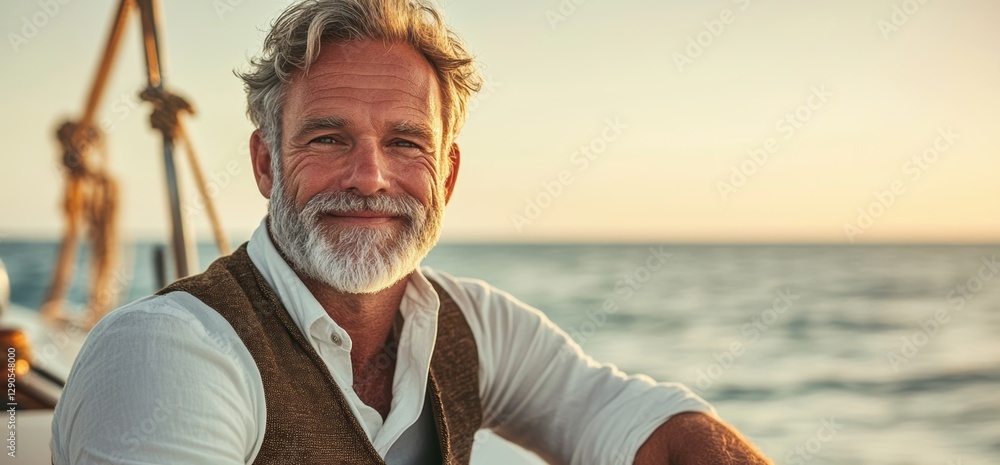 Poster man with a beard and white hair is smiling at the camera while sitting on a boat. the scene is set o