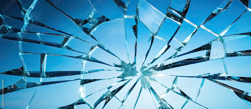 Poster close-up of shattered glass with sharp fragments reflecting a vibrant blue sky, showcasing intricate