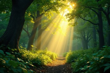 Obraz premium Warm sunbeams penetrate dense canopy, illuminating vibrant green undergrowth, calm, beautiful