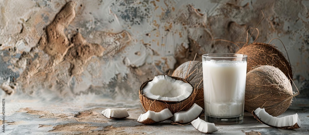 Poster coconut milk in a glass with part of coconut shell and pieces on a textured grunge background in neu