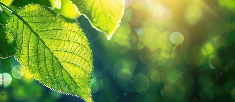 Aufkleber fresh green leaf close-up illuminated by sunlight on the left with blurred green bokeh background ex