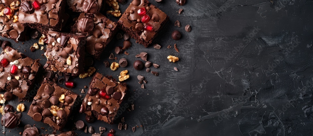 Poster assorted chocolate brownies topped with nuts and red berries on a dark textured surface with ample c