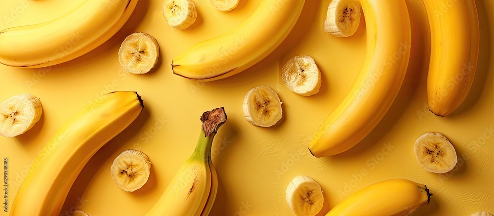 Aufkleber fresh ripe bananas and banana slices arranged attractively on a vibrant yellow background with ample