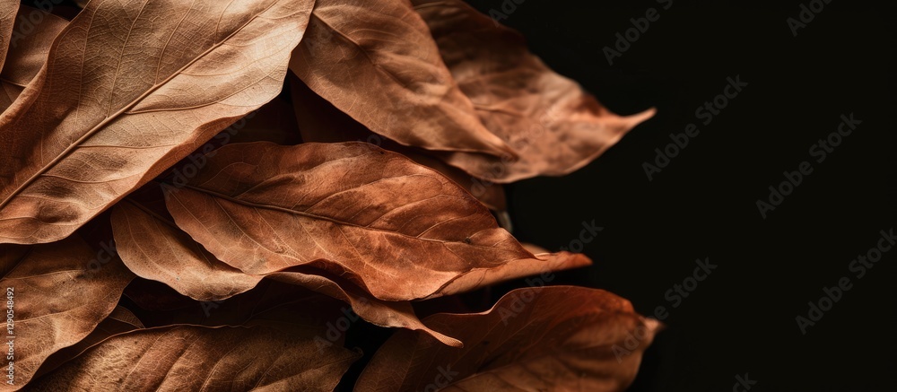 Poster close up of textured dry brown leaves layered on the right against a smooth black background with am