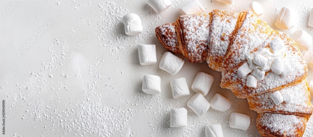 Poster croissant topped with marshmallows and powdered sugar on a white surface with scattered marshmallows