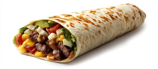 Beef burrito filled with colorful vegetables on a white background with golden-brown tortilla showcasing a delicious, hearty Mexican meal.