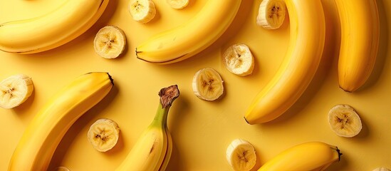 Fresh ripe bananas and banana slices arranged attractively on a vibrant yellow background with ample copy space for text overlay.