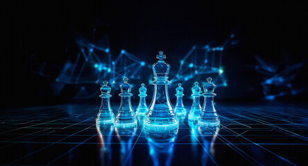 Futuristic, glowing blue chess pieces stand on a digital grid. Abstract design showcases strategic game elements in a modern, technological style.
